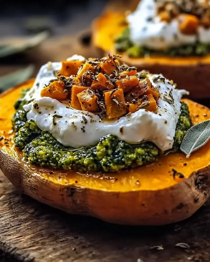 Patates douces savoureuses avec burrata et pesto de sauge 1