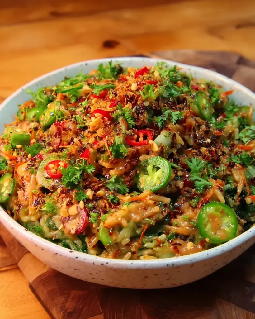 Salade de riz croustillant avec vinaigrette aux cacahuetes et au piment 1
