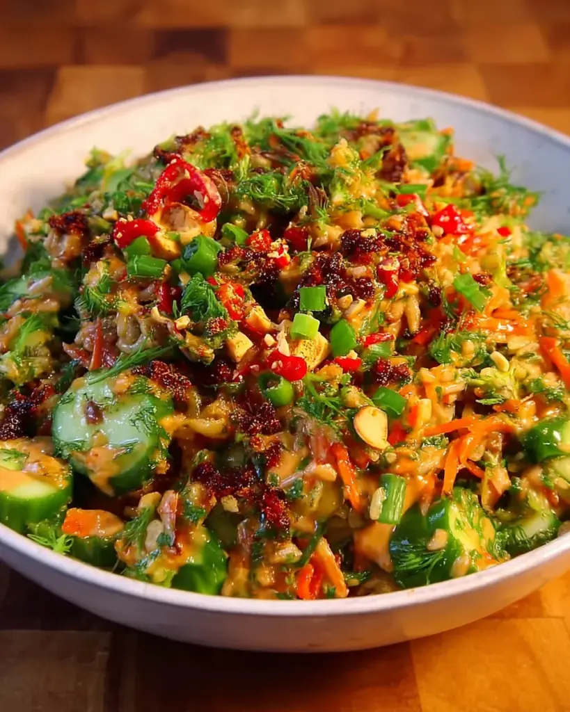 Salade de riz croustillant avec vinaigrette aux cacahuetes et au piment 2