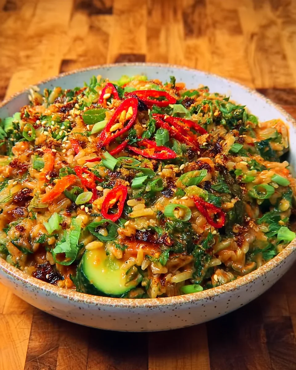 Salade de riz croustillant avec vinaigrette aux cacahuètes et au piment : un délice frais à découvrir !