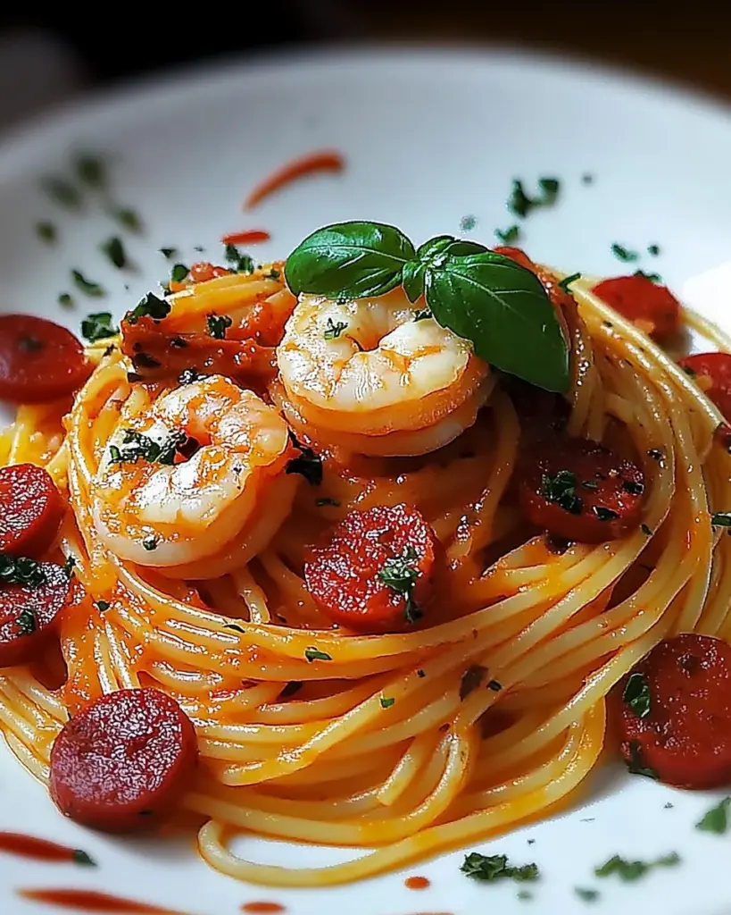 Spaghetti a la Creme de Poivron Chorizo et Crevettes 1