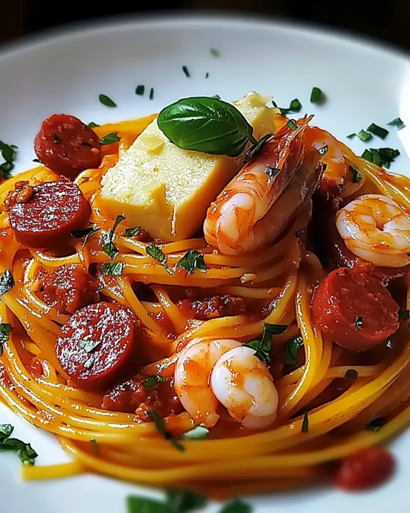Spaghetti a la Creme de Poivron Chorizo et Crevettes 2