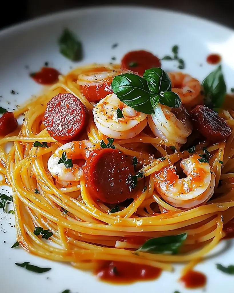 Spaghetti a la Creme de Poivron Chorizo et Crevettes 3