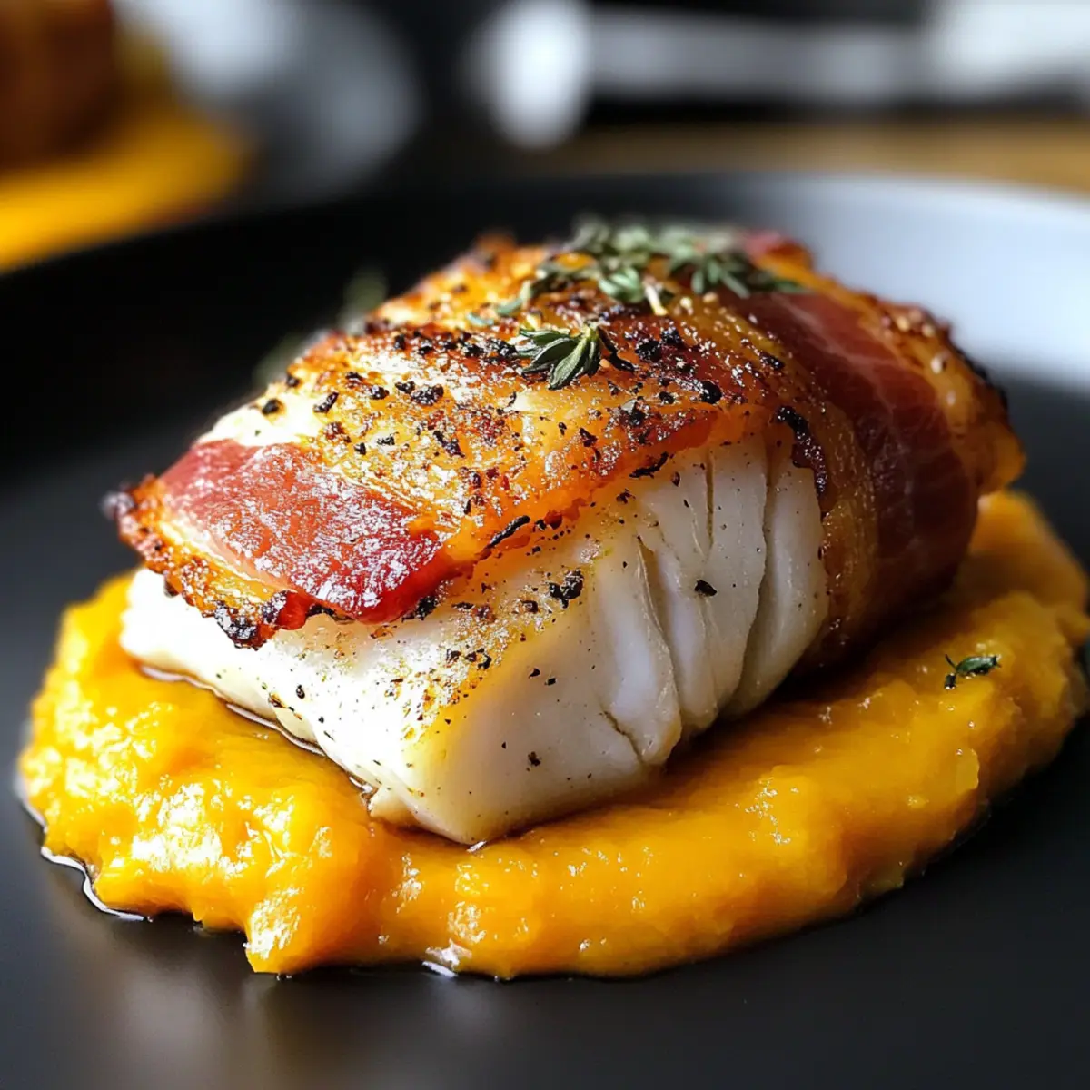 Cabillaud en Croûte de Lard Fumé et Purée de Butternut