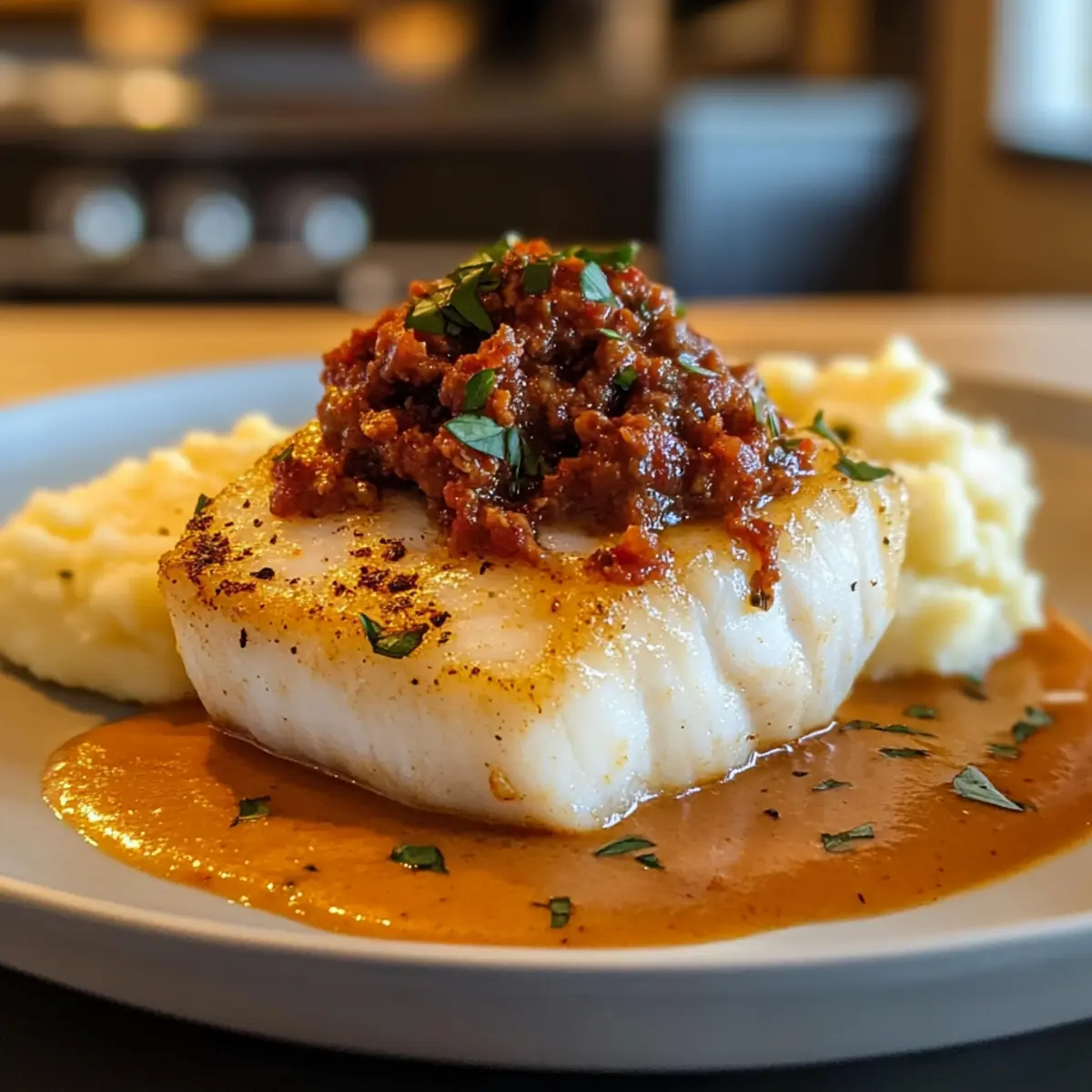 Dos de Cabillaud à la Crème de Chorizo et Pommes Écrasées
