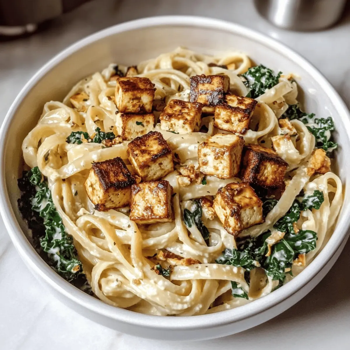 Pâtes au tahini avec citron, ail et tofu crémeuses