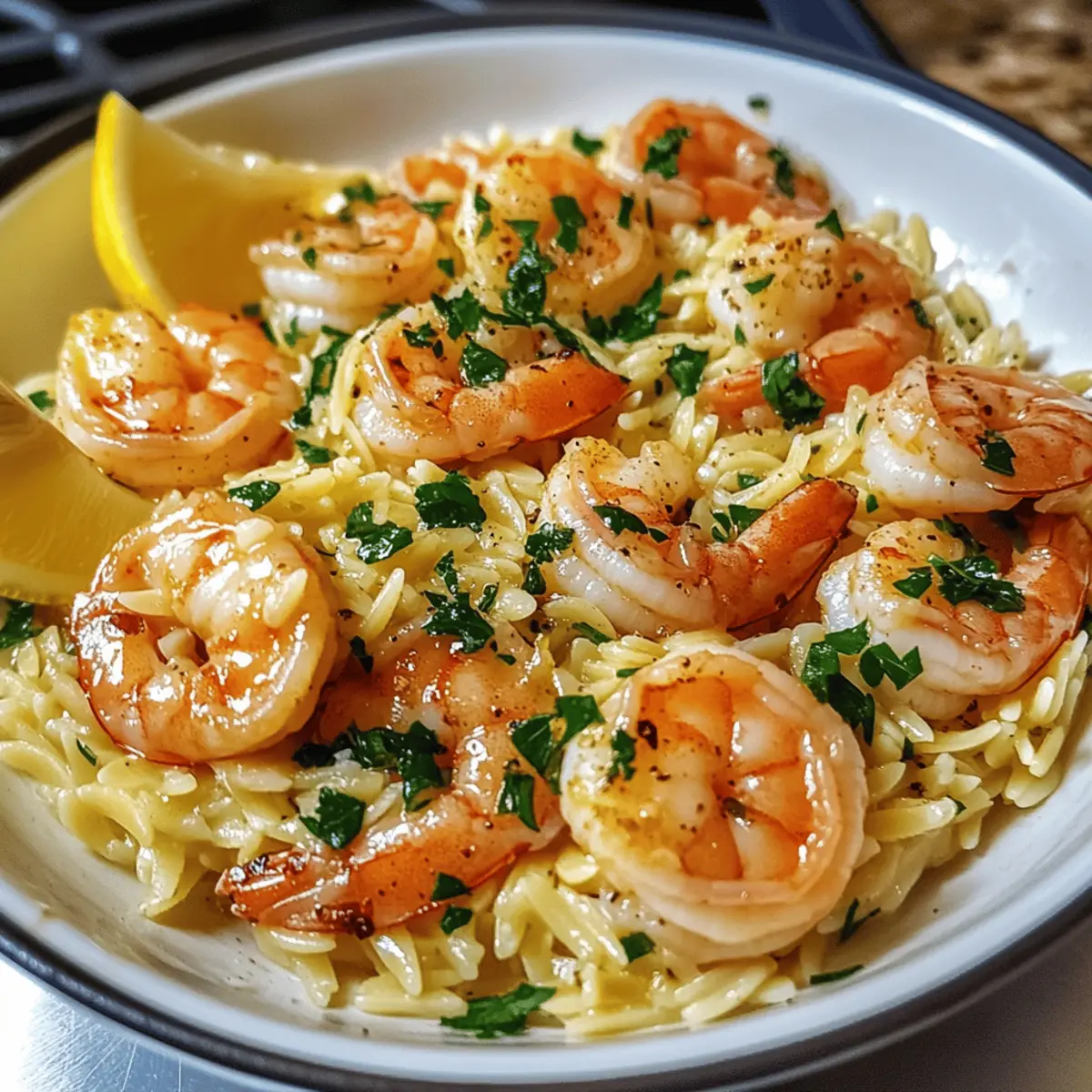 Crevettes Orzo dans une sauce au citron et à l’ail