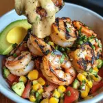 Bol de crevettes grillées avec avocat, salsa de maïs et sauce à l'ail crémeuse