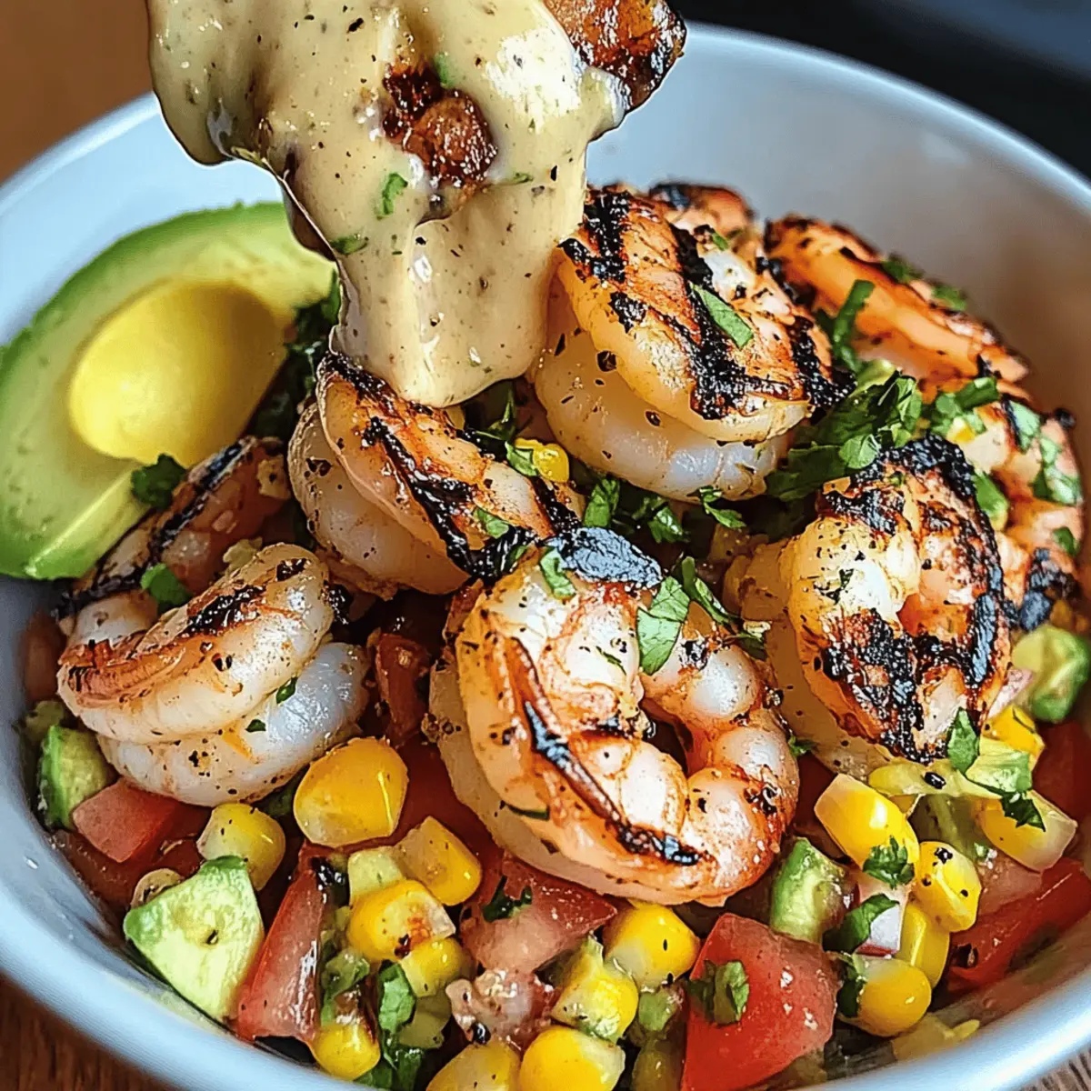 Bol de crevettes grillées avec avocat et salsa de maïs