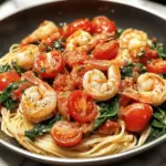 Pâtes aux tomates, épinards et crevettes