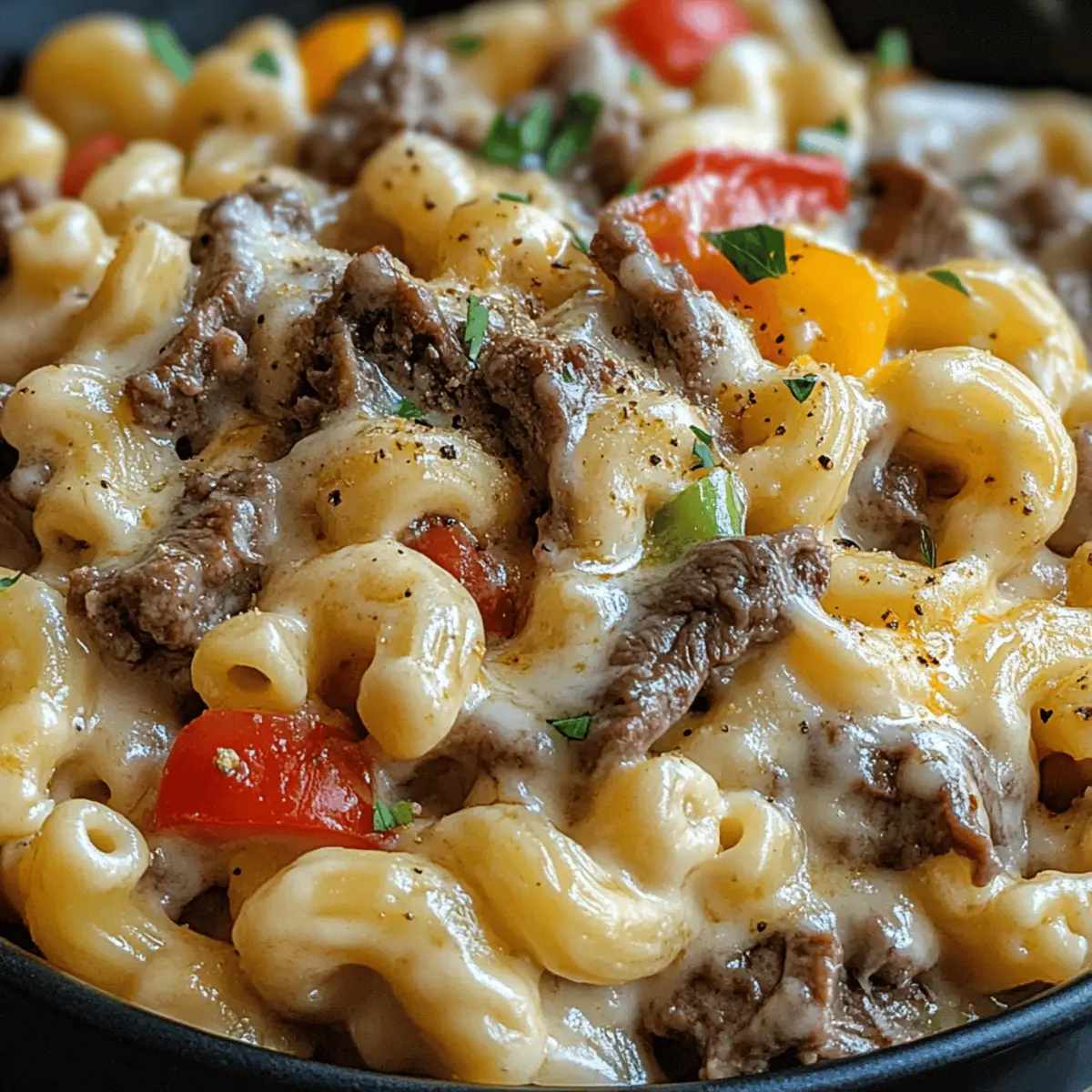 Macaroni au fromage crémeux façon Philly Cheesesteak