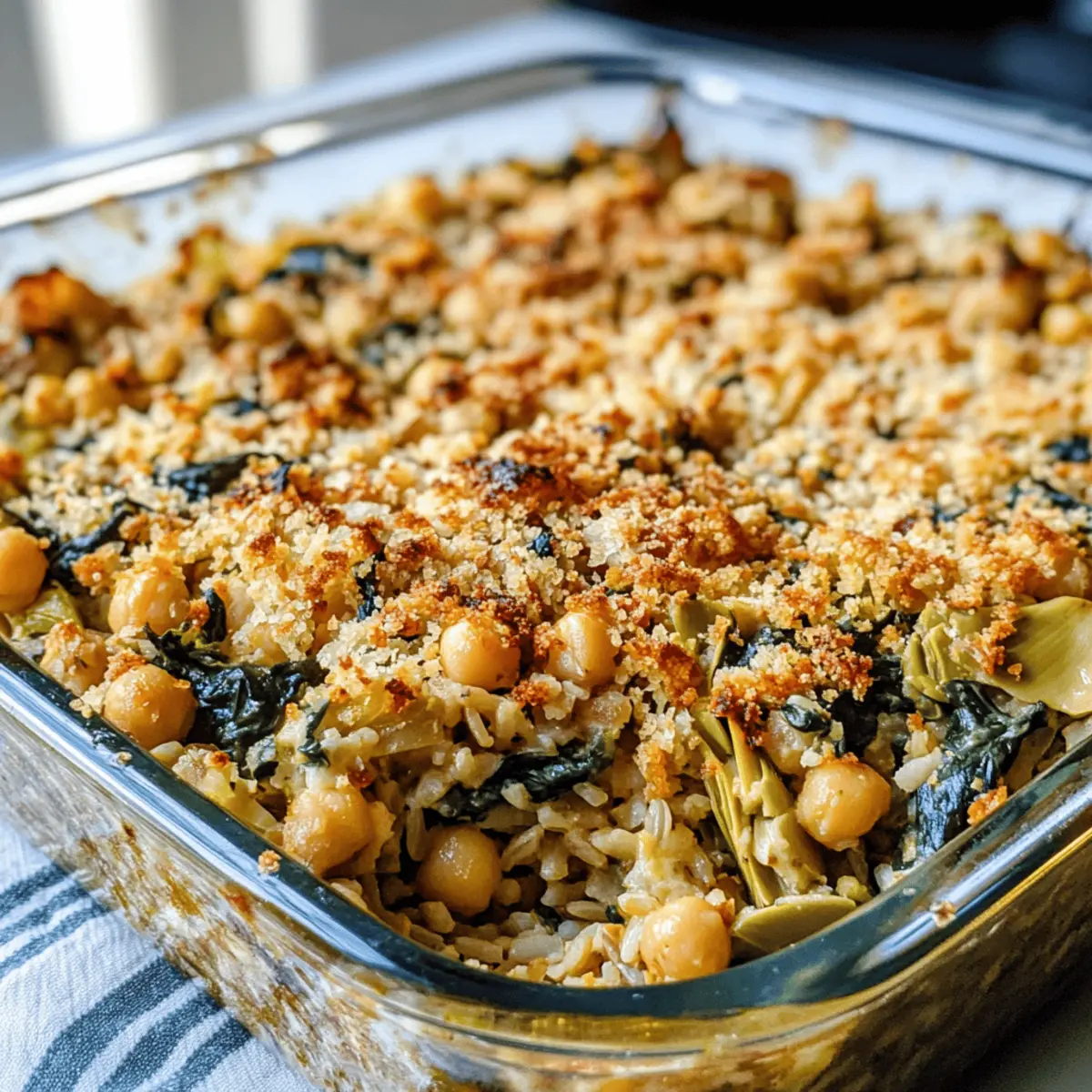 Casserole de pois chiches, riz brun, épinards, artichaut