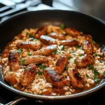 Un plat de poulet cajun, saucisse et riz